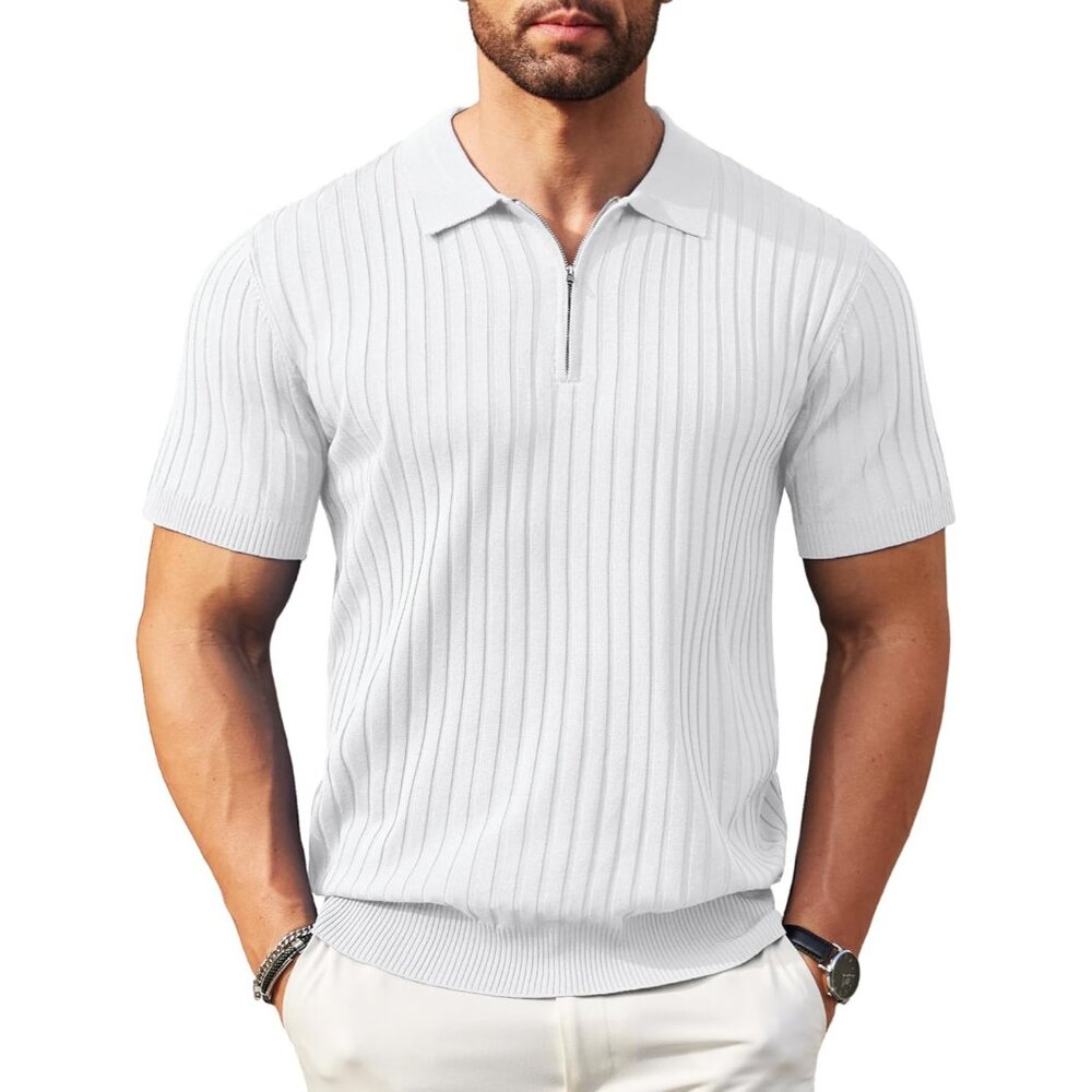 Men's Zipper Polo Shirts Short Sleeve Ribbed Knit Polo T Shirts White